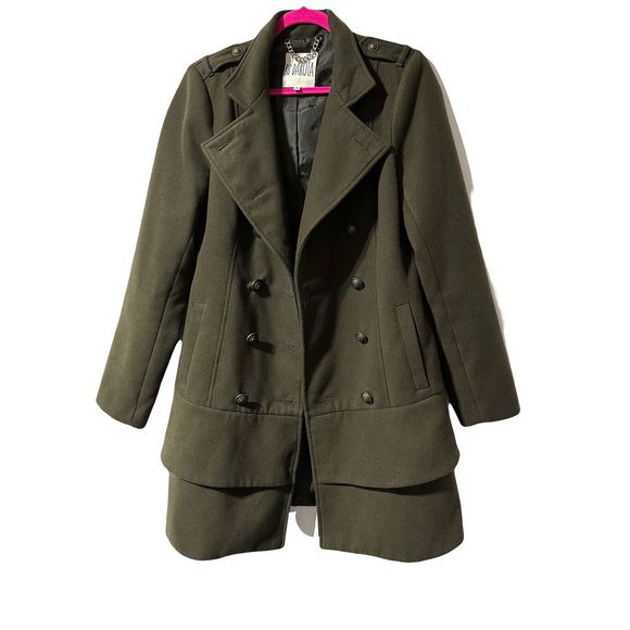 BB Dakota Double Breasted Pea Coat Size M Olive Army Green Military Ruffle - Picture 2 of 11